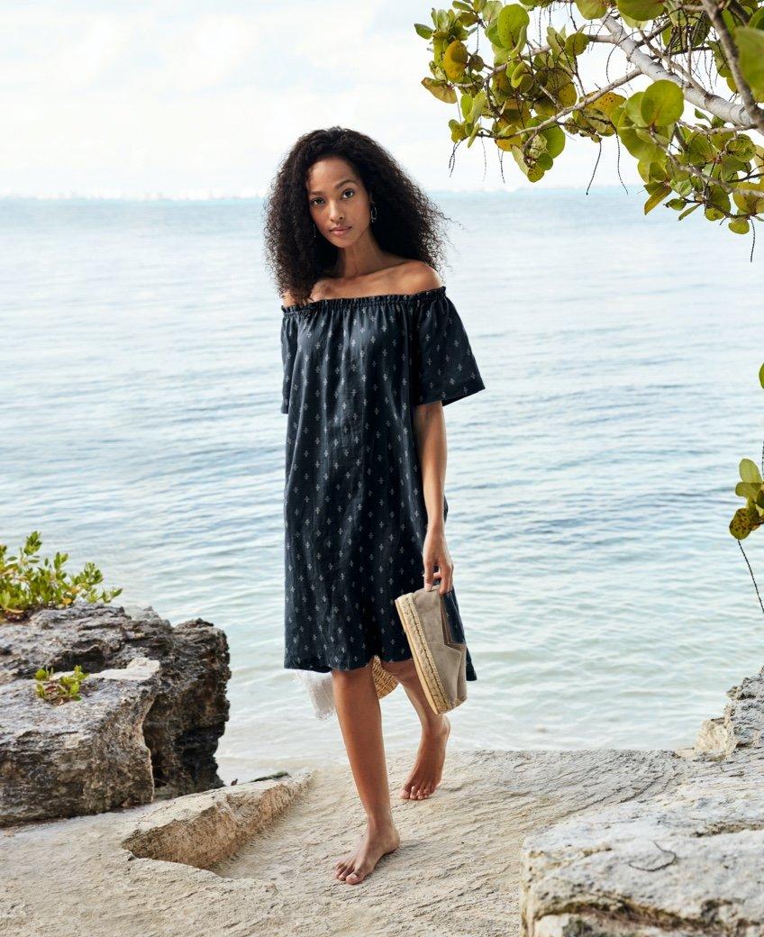 linen off-the-shoulder print dress