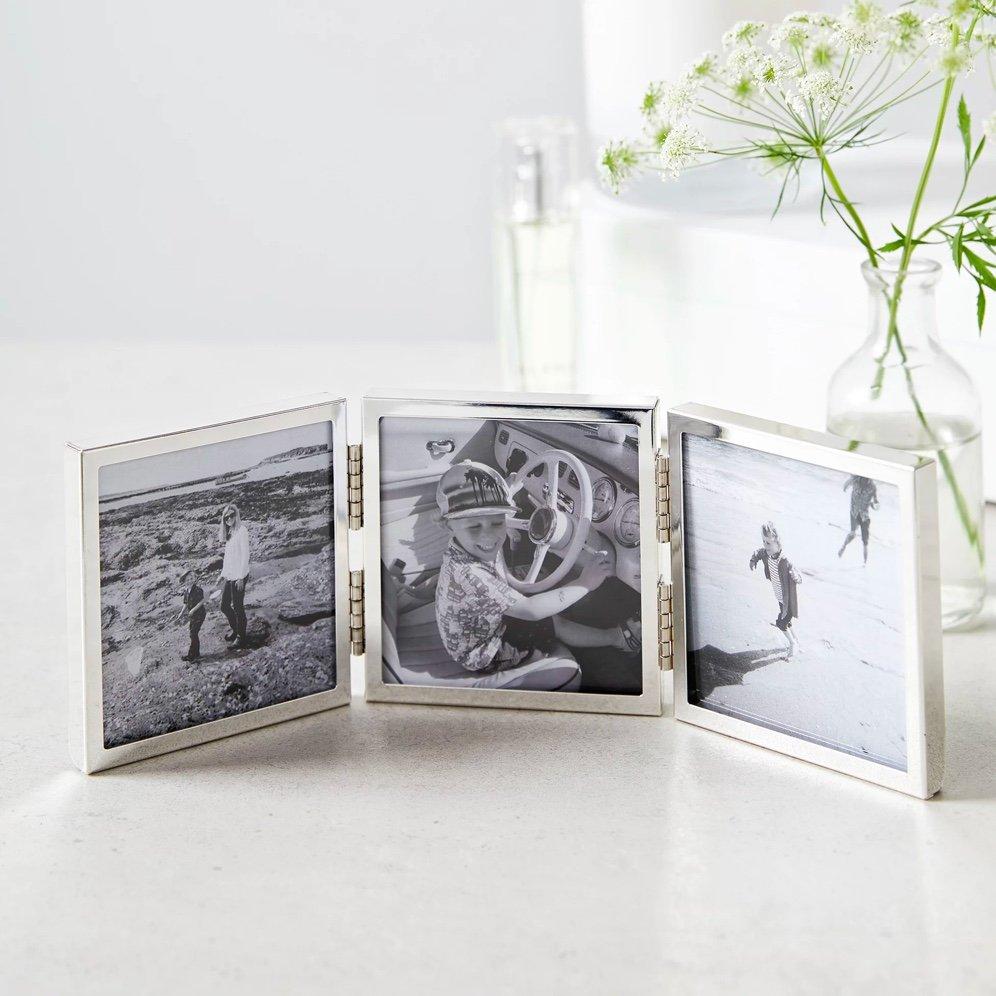 fine silver triple aperture hinged photo frame