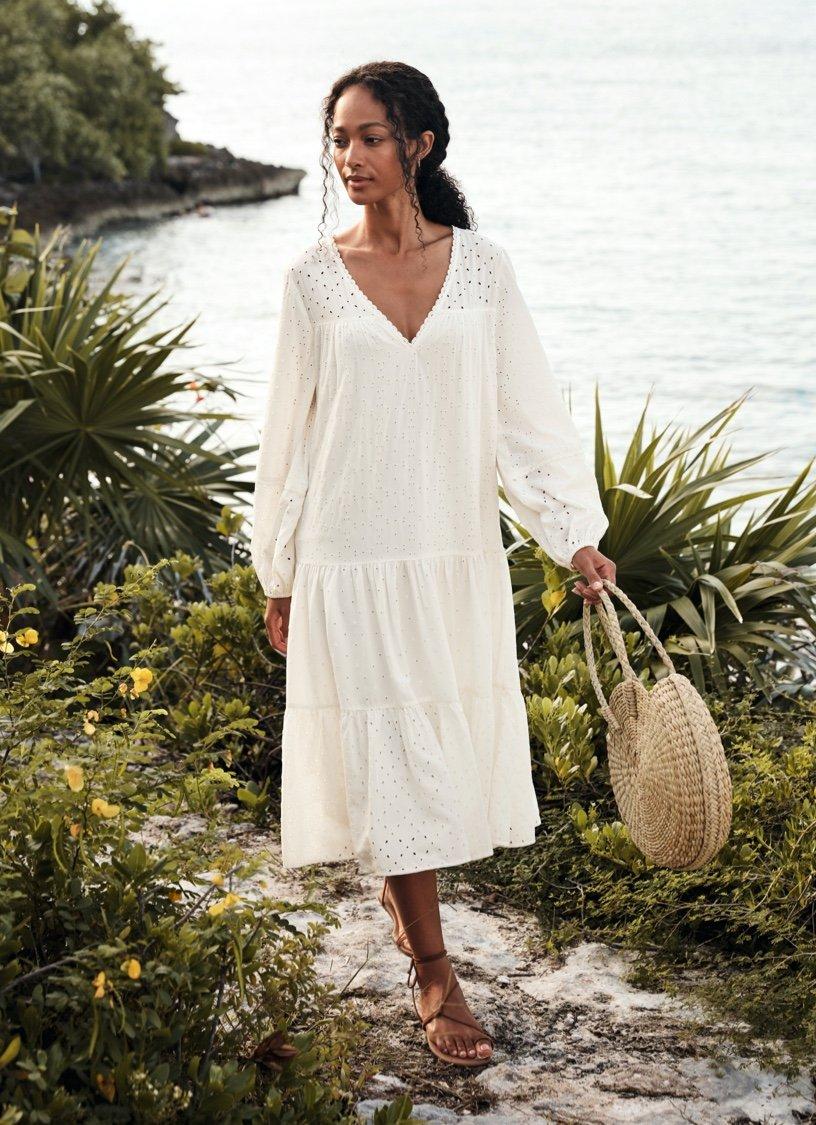 tiered broderie midi dress