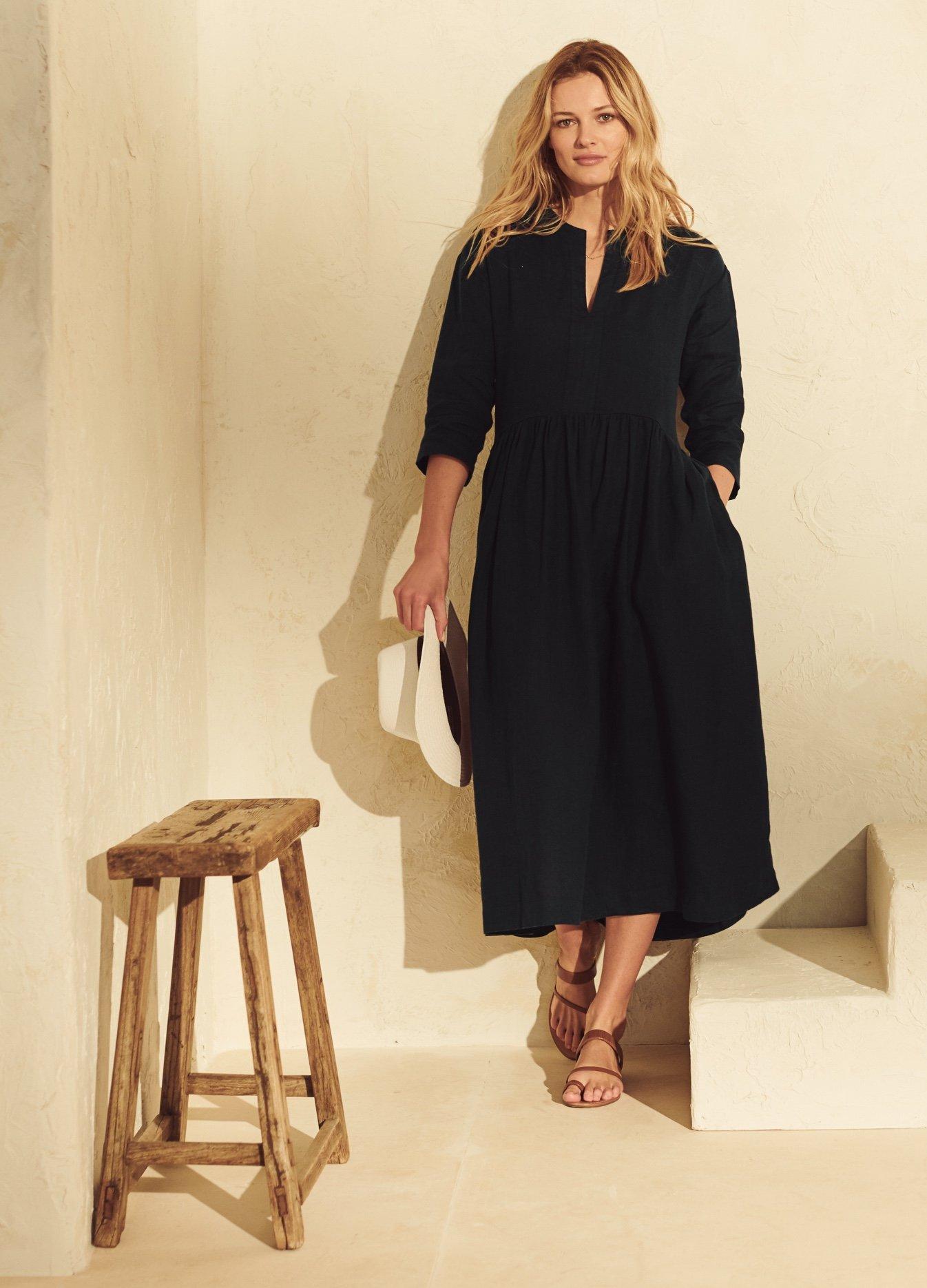 linen dropped waist midi dress
