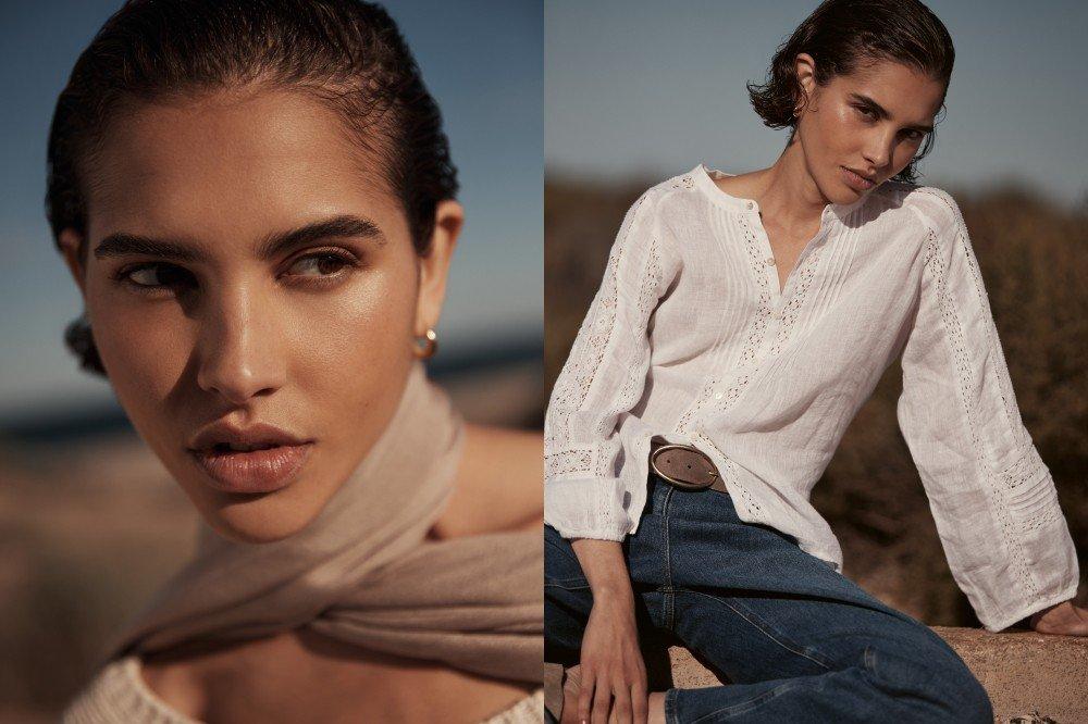 a collage of three pictures of a woman in a white shirt and jeans