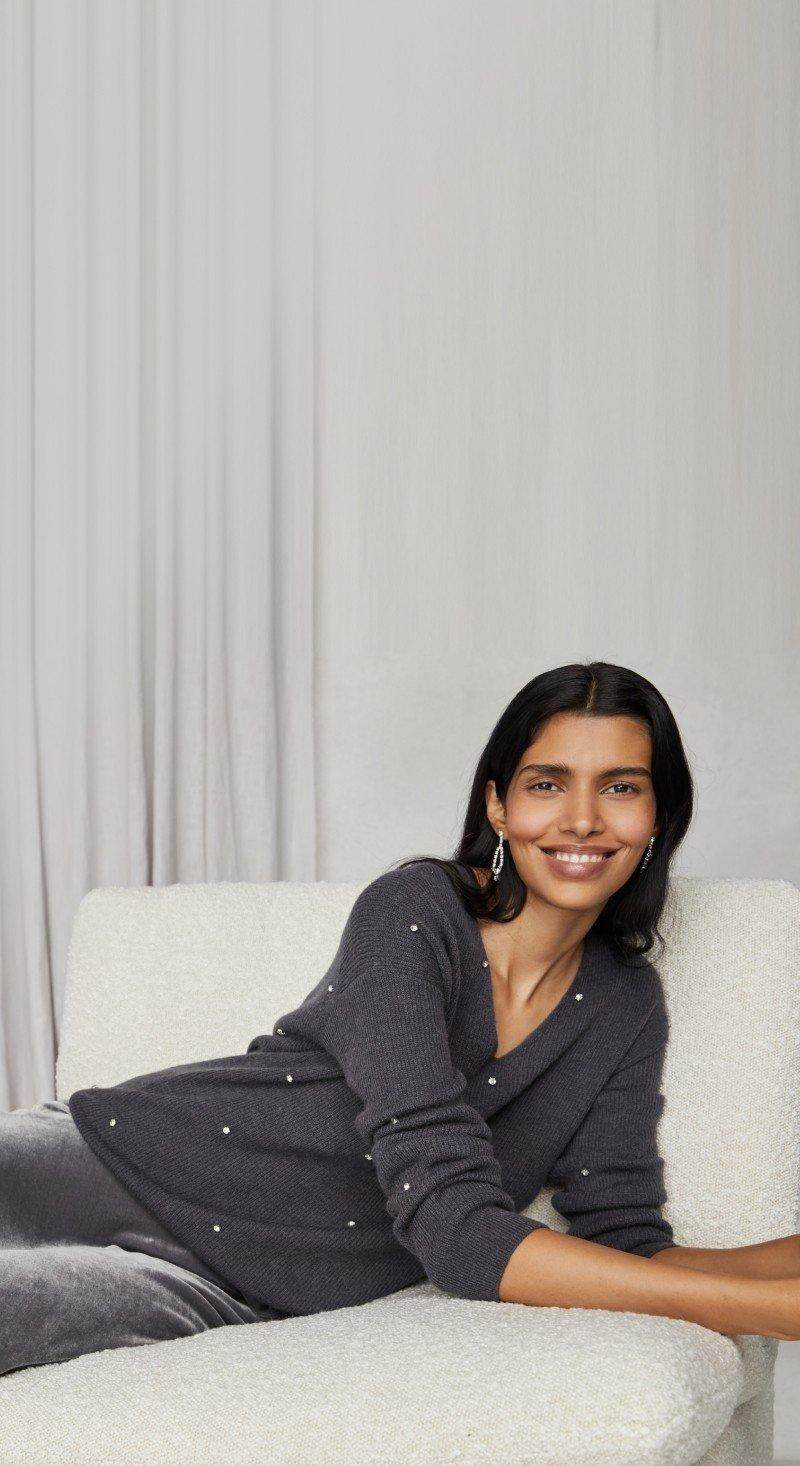 crystal embellished v-neck jumper with alpaca