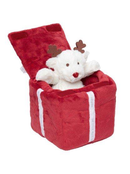 a stuffed reindeer in a red gift box with a white nose