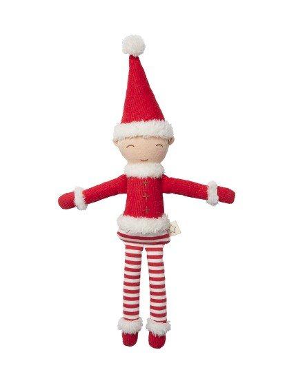 a stuffed santa claus doll with red and white striped pants