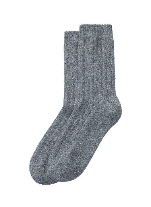 a pair of grey socks on a white background