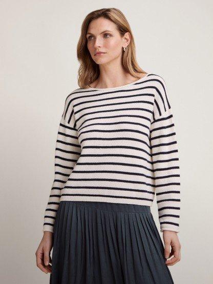 the striped sweater is made from a cotton and linen blend