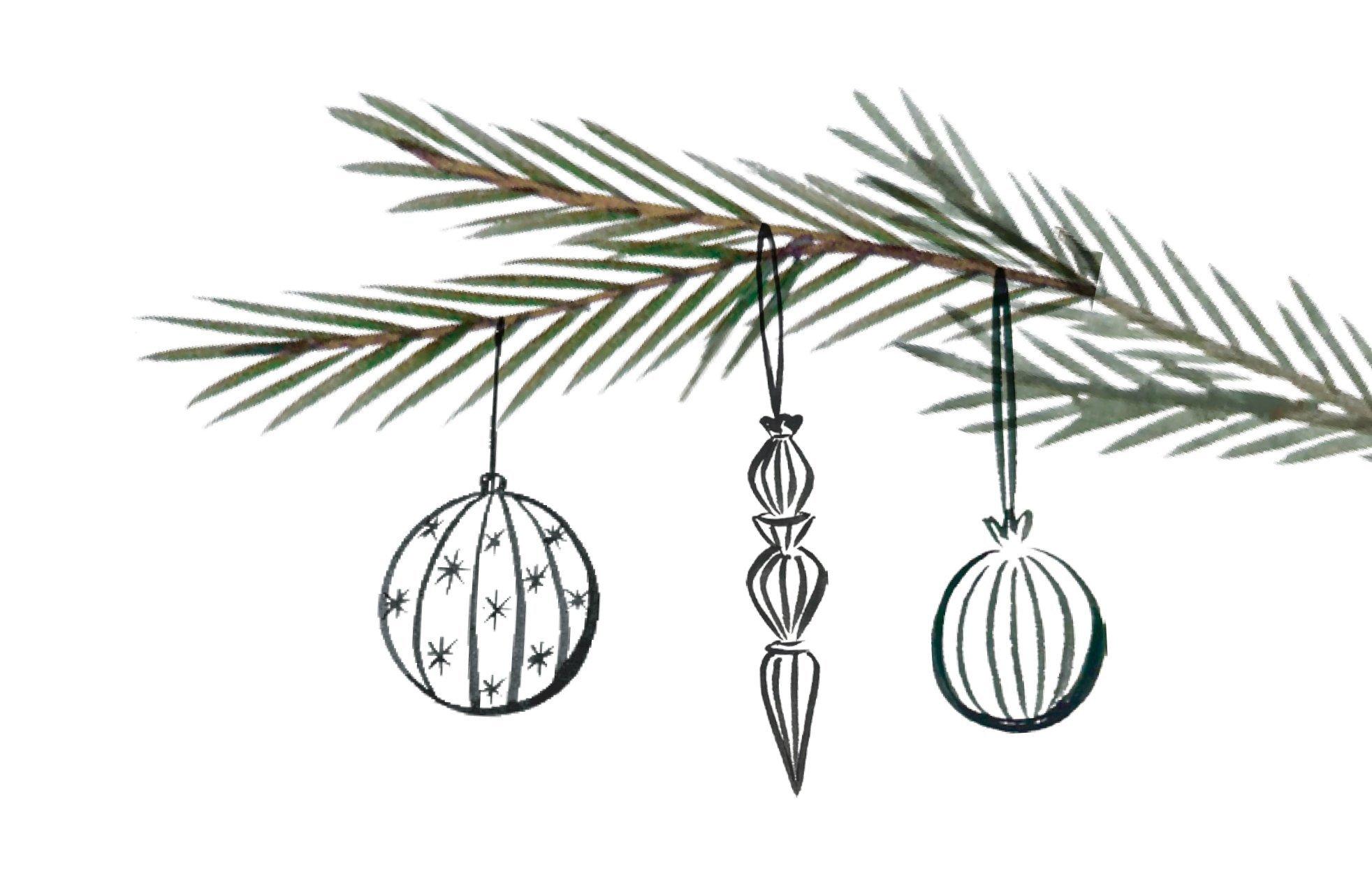 a drawing of three ornaments hanging from a branch