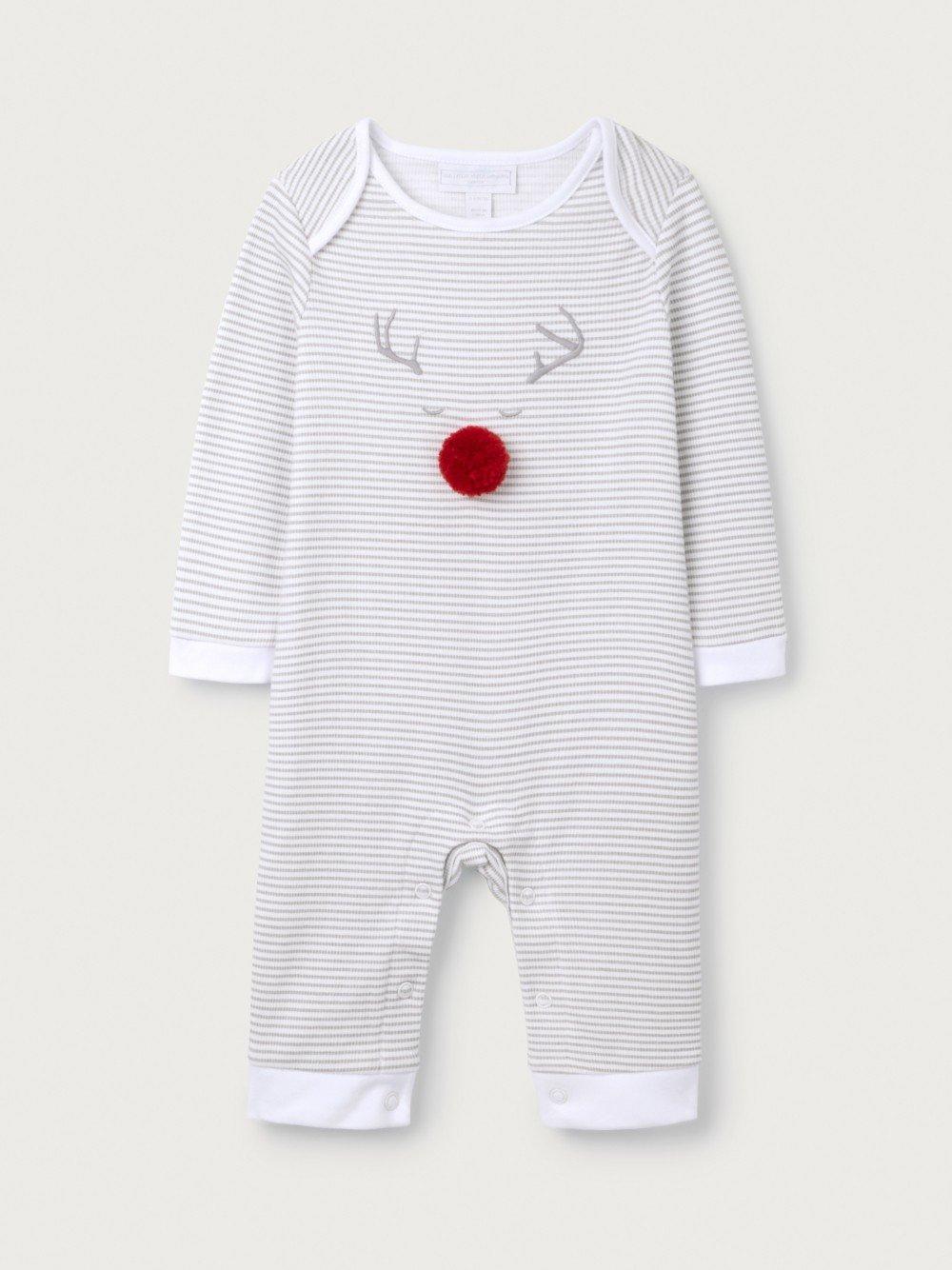 a baby's reindeer onesie with a red nose