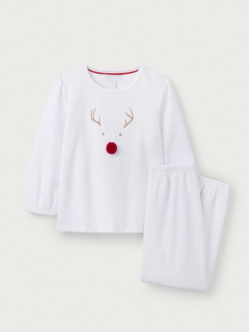 a baby's white christmas reindeer pajamas with red nose