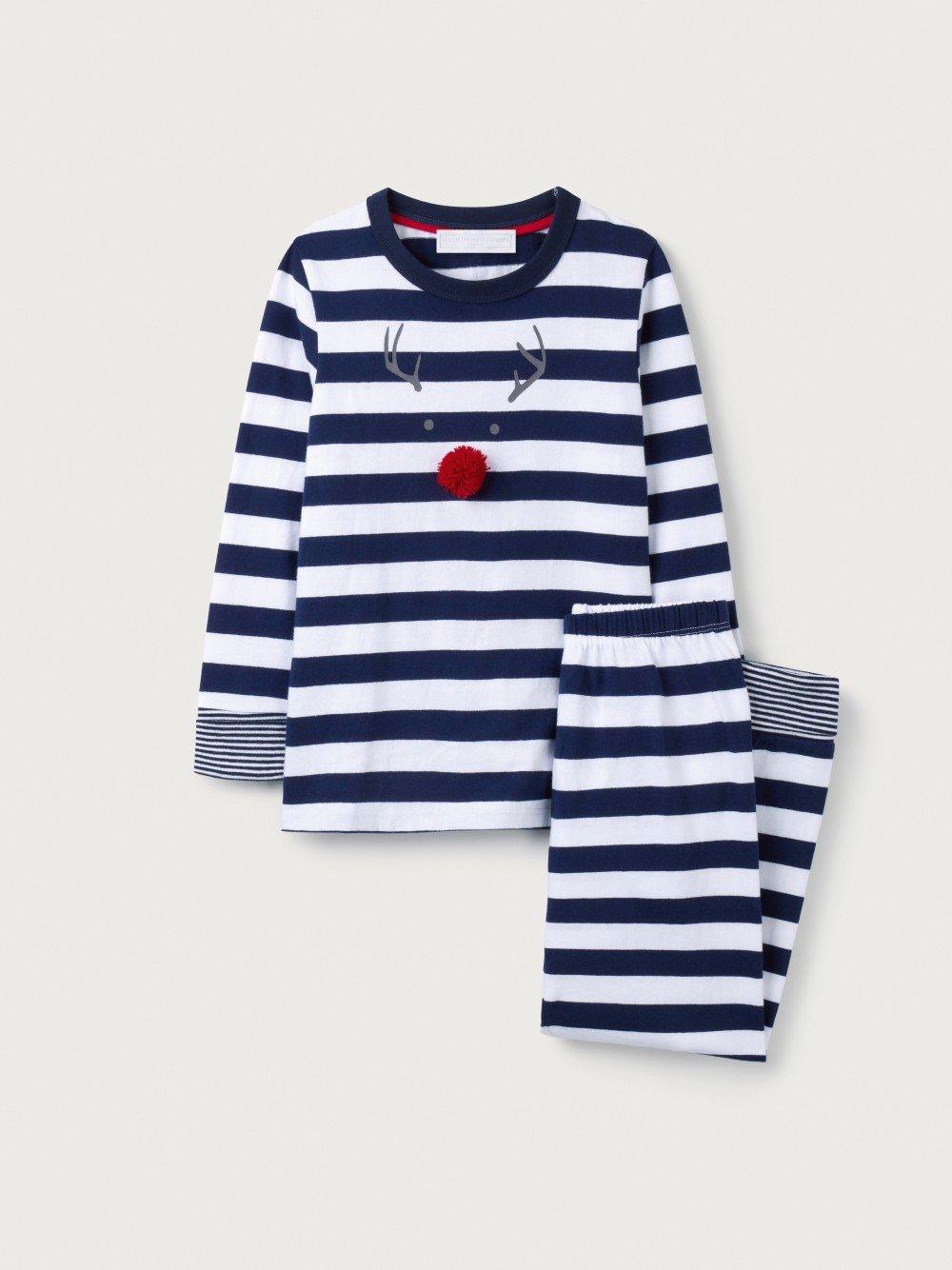 a striped pajama set with a reindeer on it