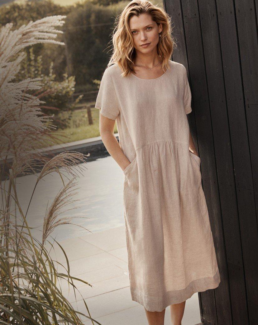 gathered-waist linen midi dress