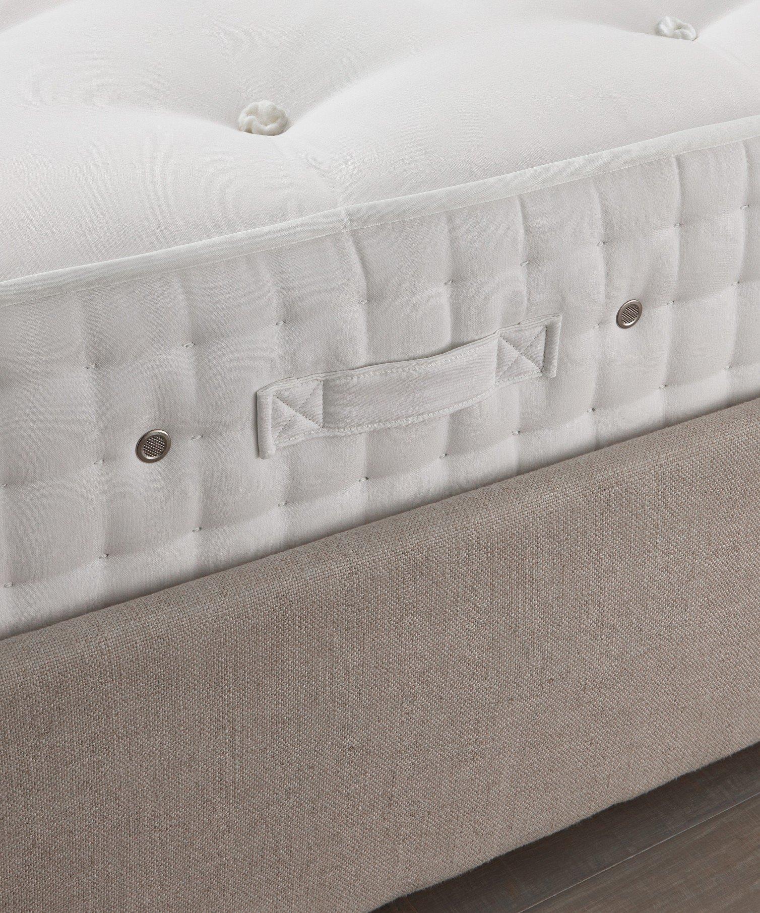 a close up of a mattress with a button on the side