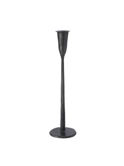 a tall black candle holder with a long stem