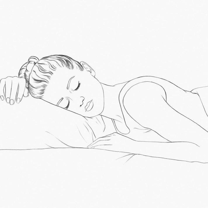 a drawing of a woman sleeping on a bed with a pillow