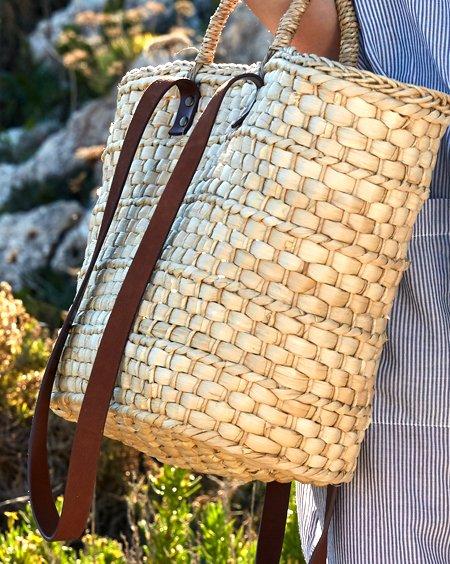LEATHER HANDLE STRAW BASKET
