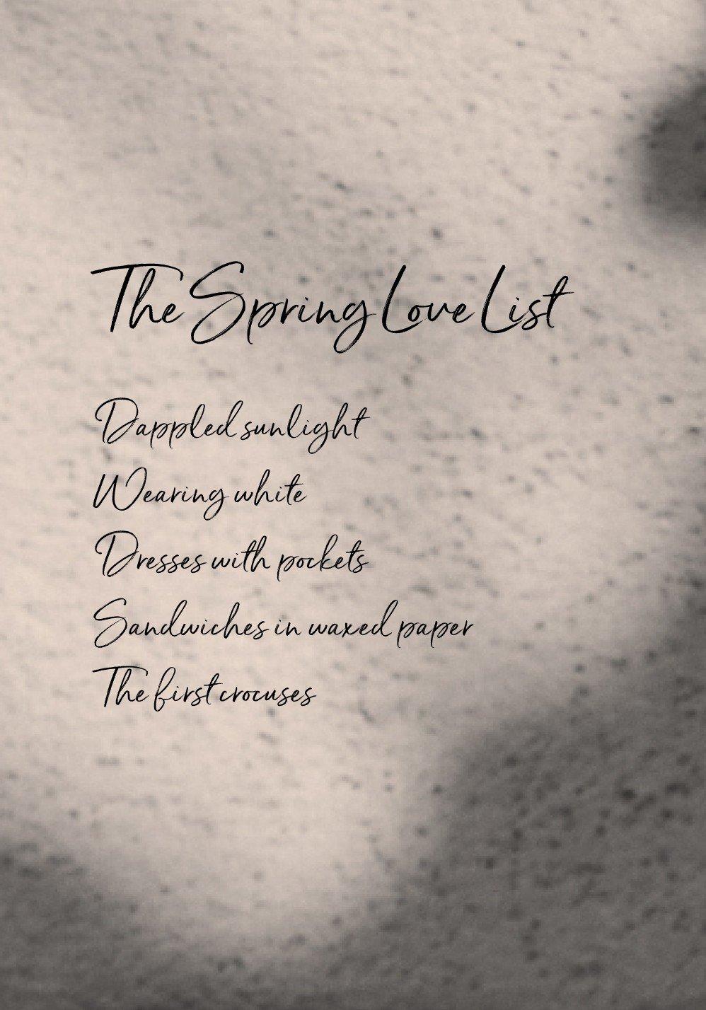 a poem with the words spring love list written on it
