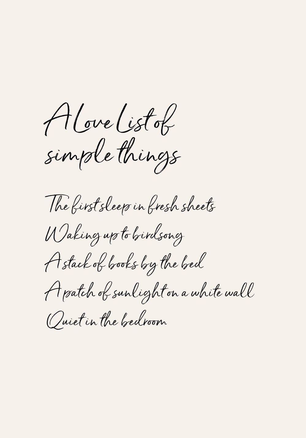 a poem with the words, a love list of simple things