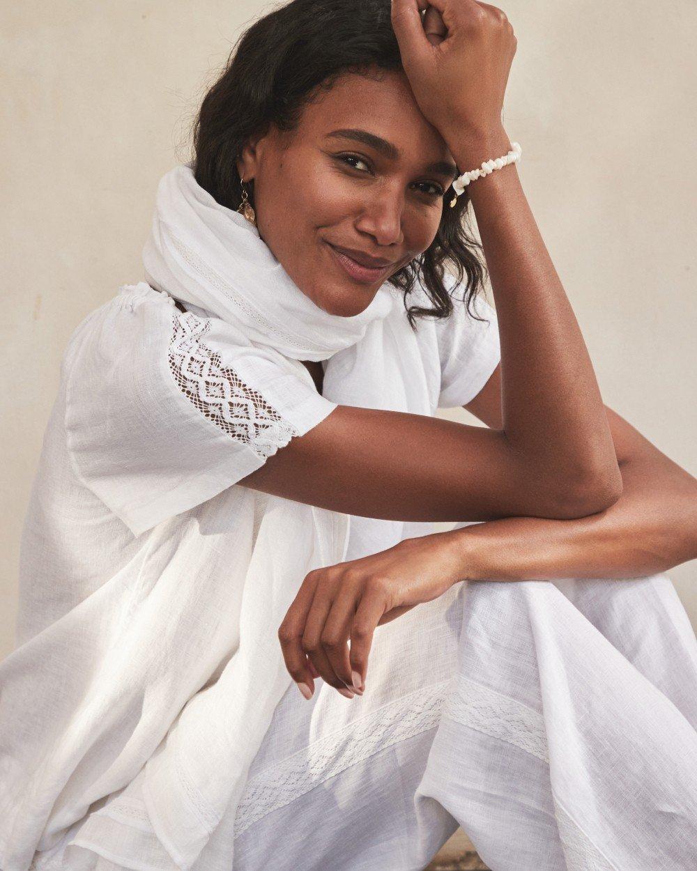 linen gathered blouse with lace insert