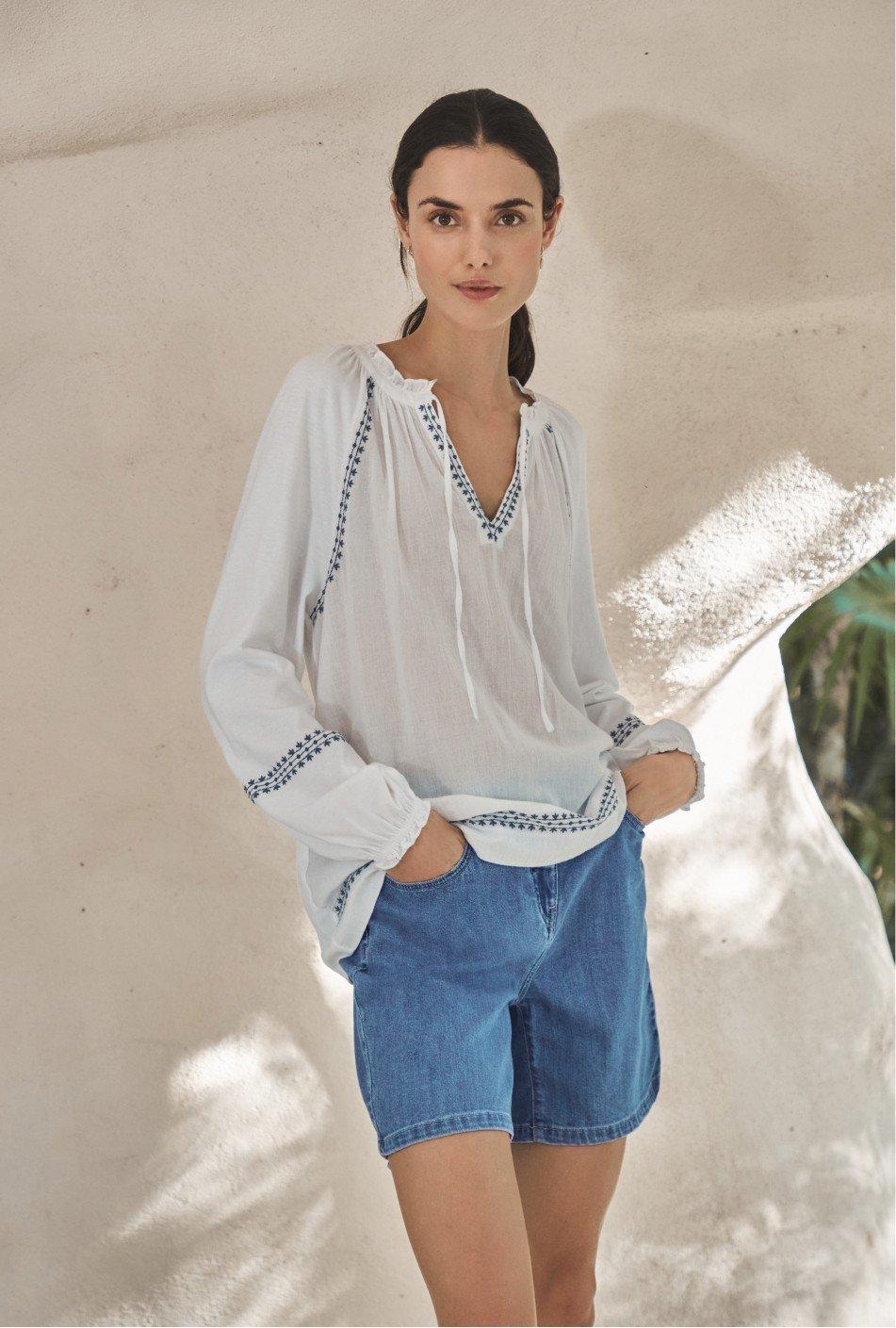 organic cotton tie neck embroidered boho top
