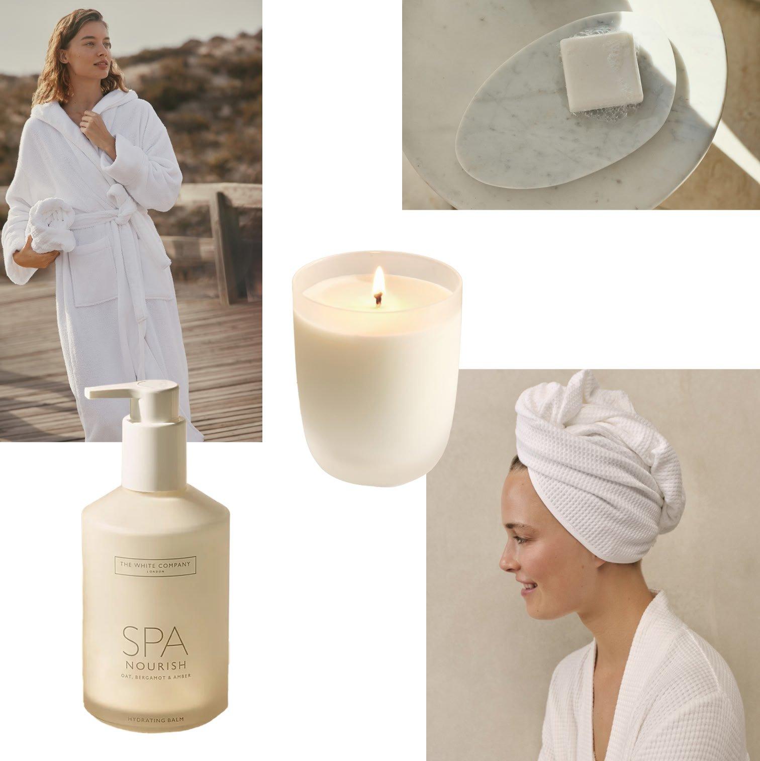 a collage of images of a woman in a bathrobe and a candle