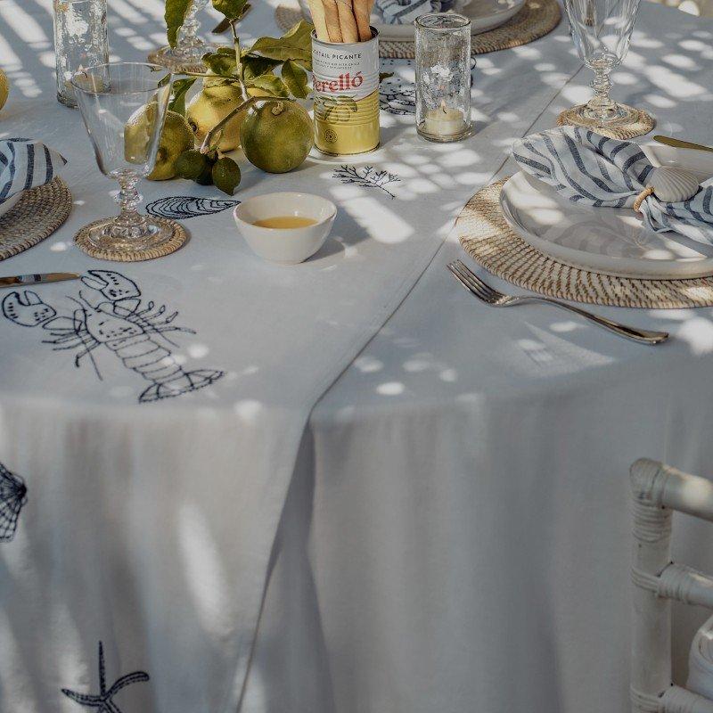 a table with a bunch of food on it and some paper