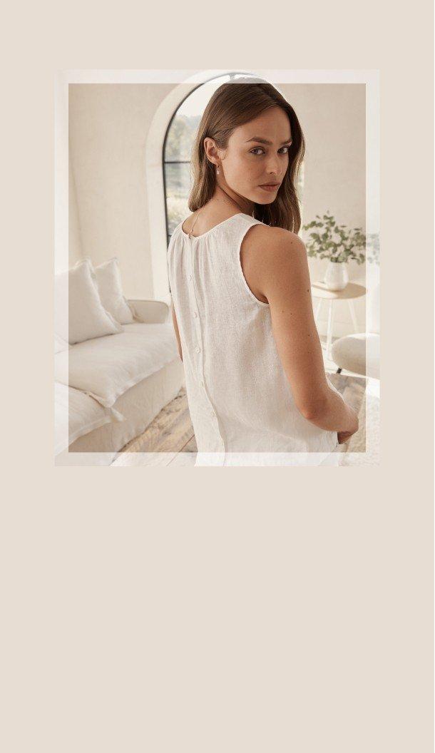 button-back sleeveless linen top
