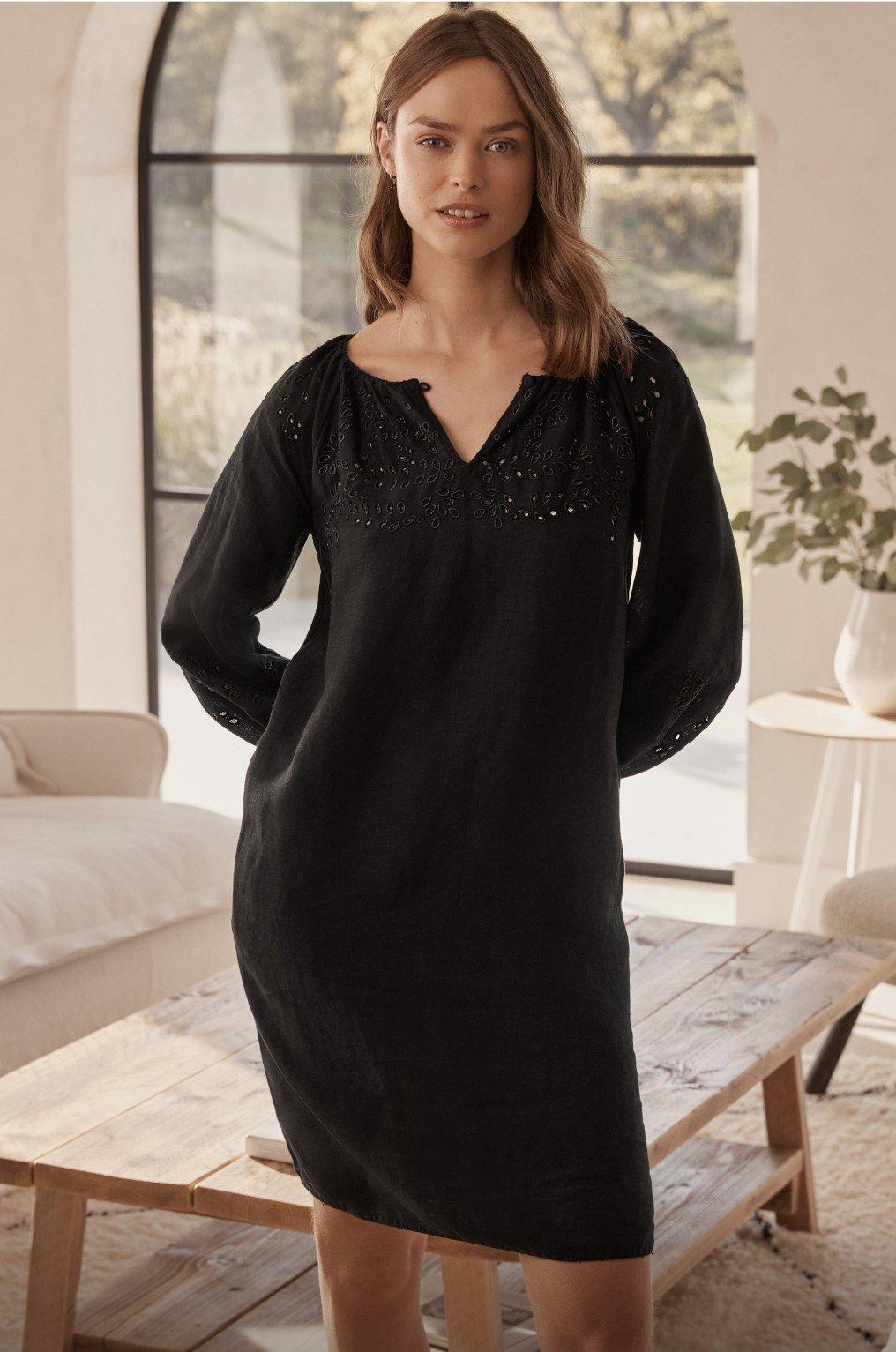 broderie-detail linen dress