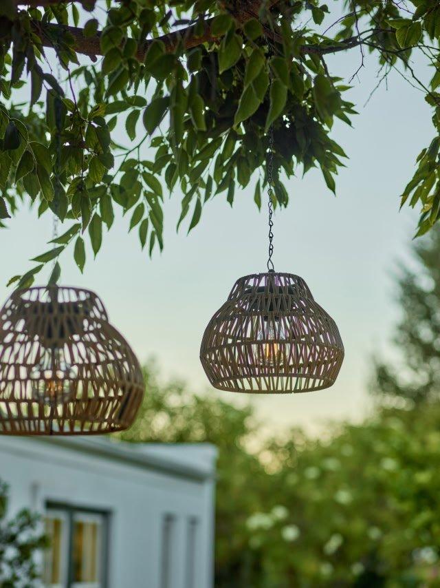 two hanging lamps hanging from a tree outside a house