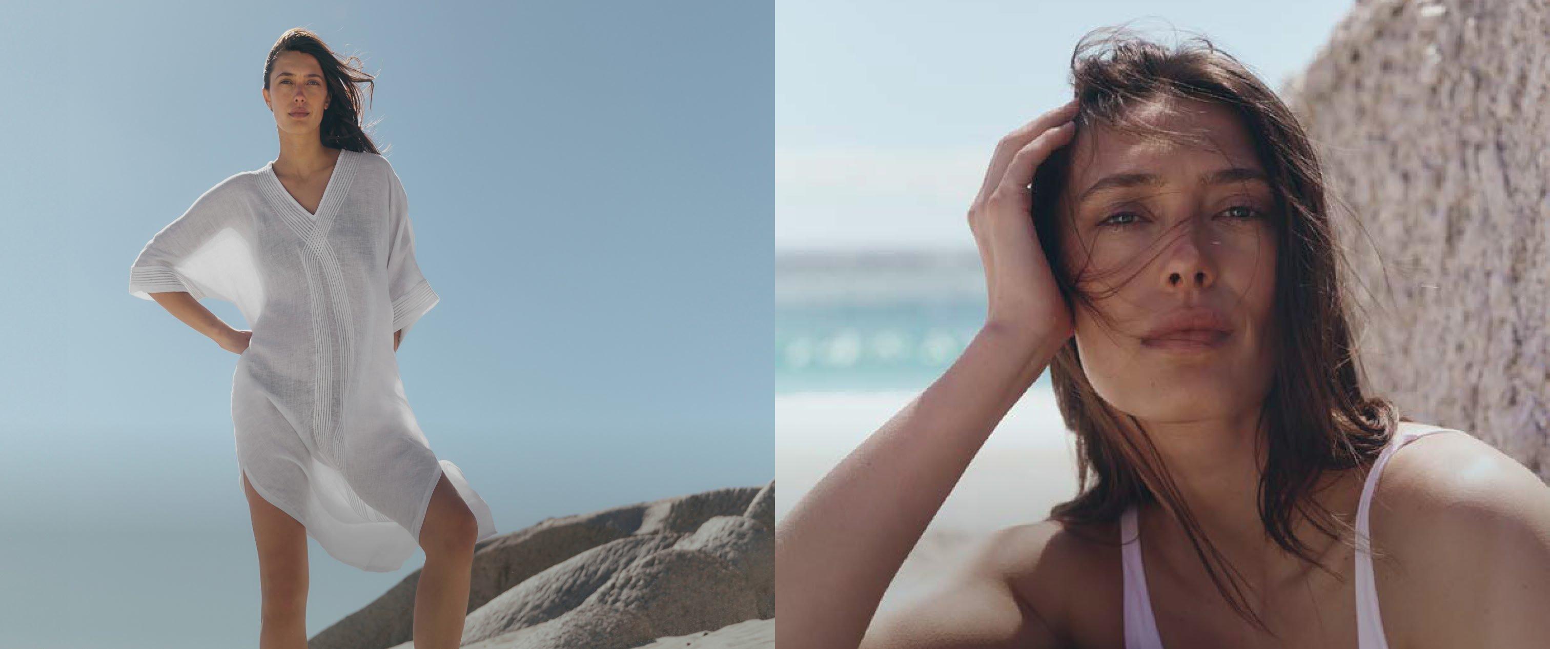 two pictures of a woman in a white dress on a beach