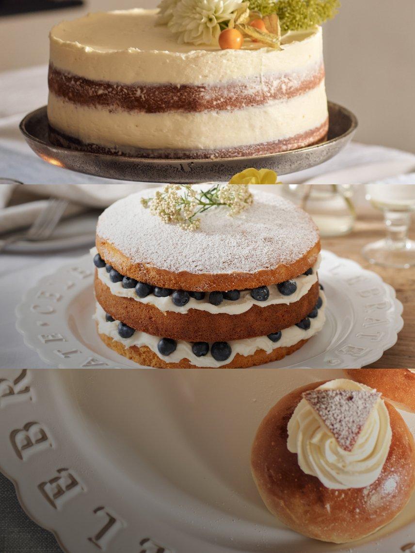 a collage of three different pictures of cakes and pastries