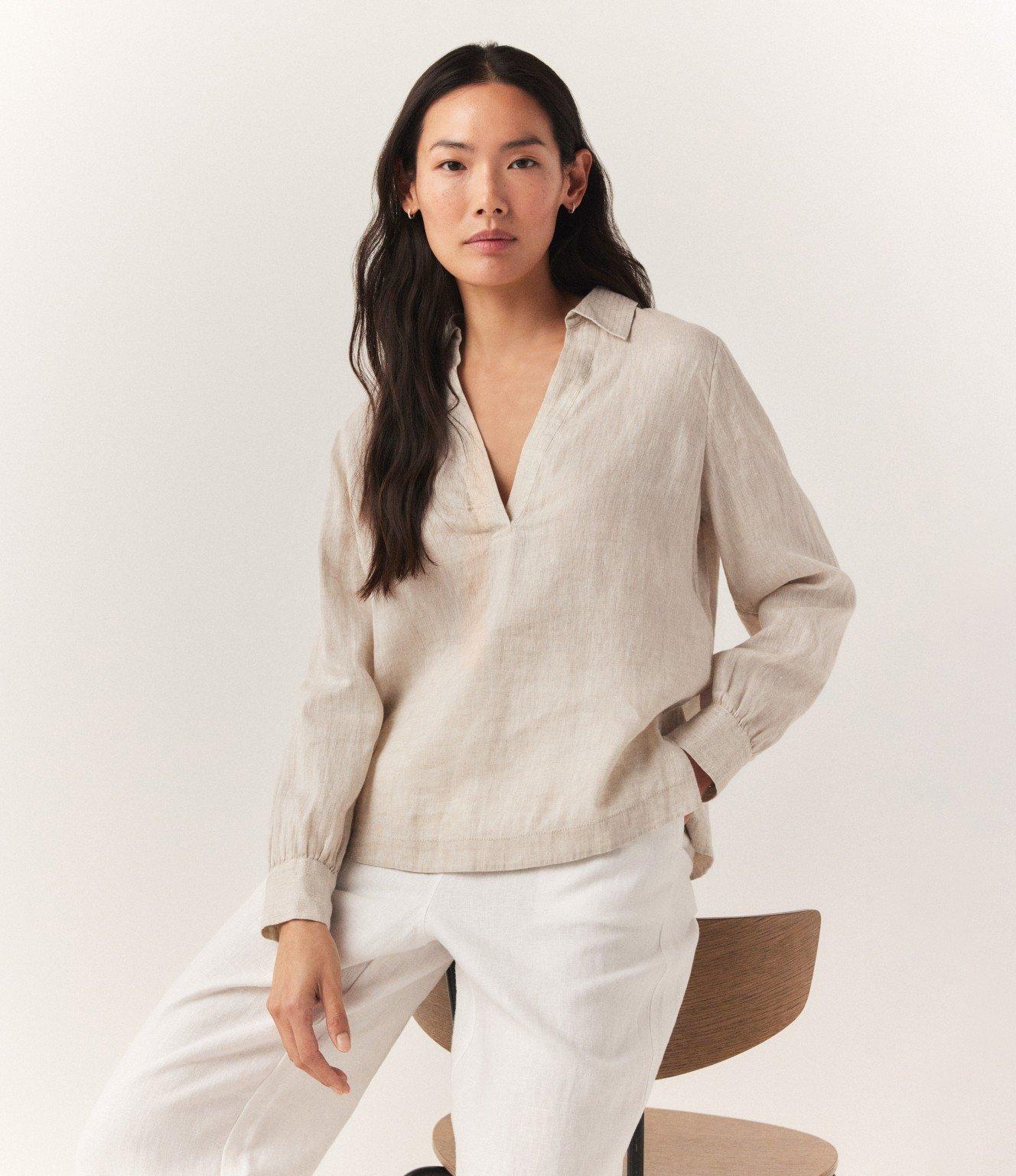 pop over linen stitch detail shirt