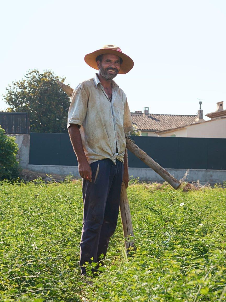 a man standing in a field with a stick in his hand