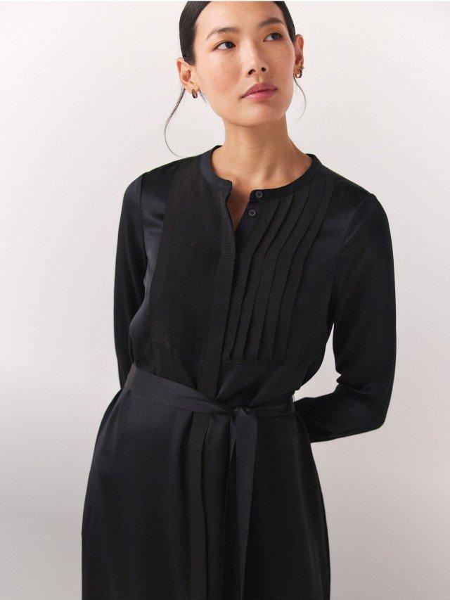 Silk Grosgrain Bib Detail Shirt Dress