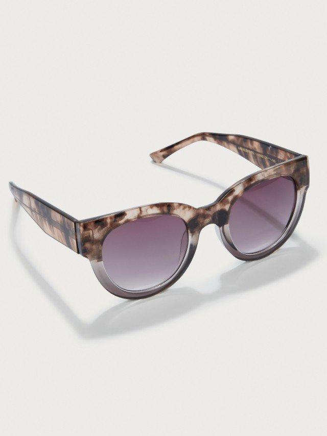 a pair of sunglasses with tortoise frames and purple lenses