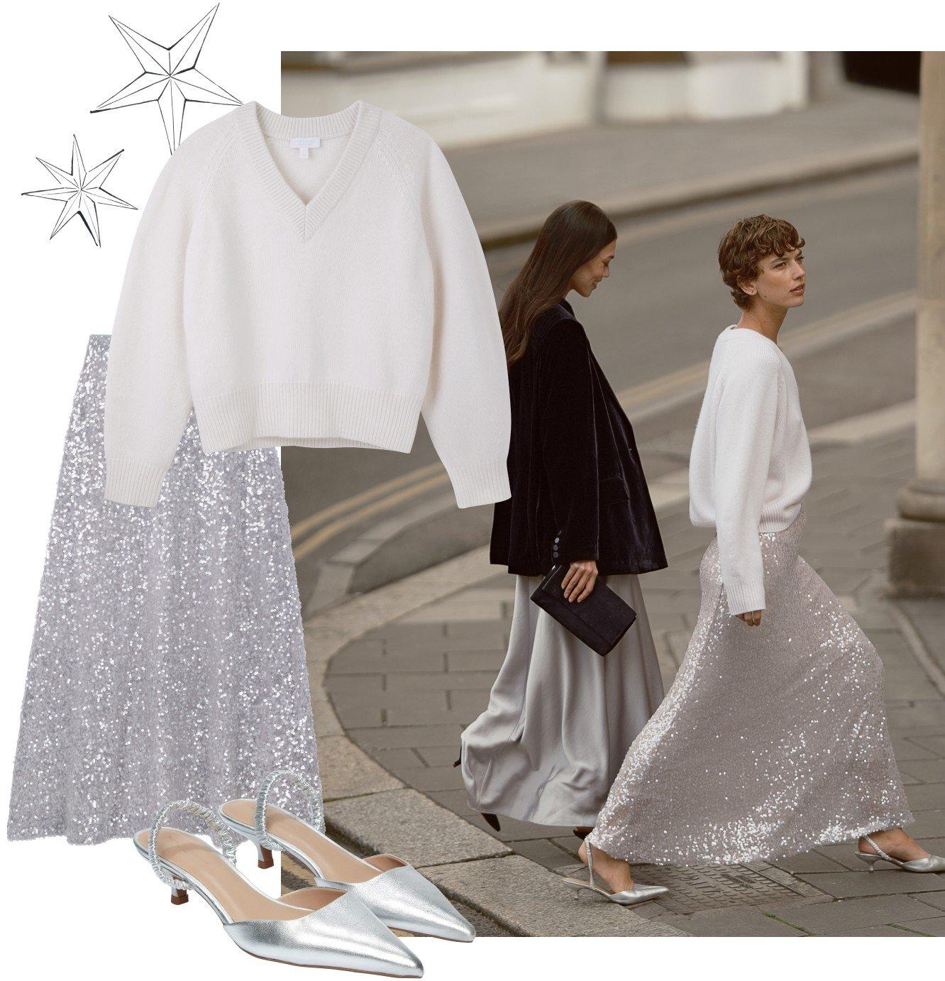 two women in long white skirts and silver shoes