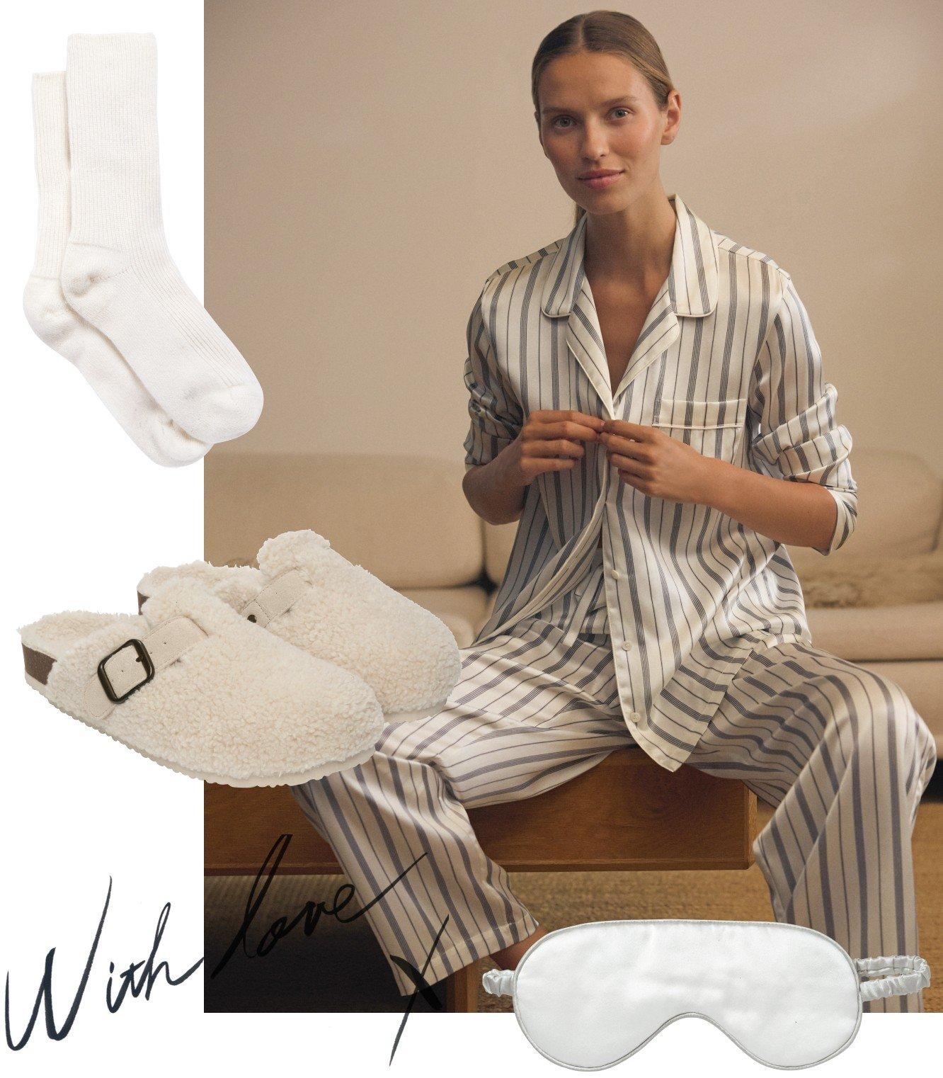 a woman in pajamas with a sleep mask and slippers