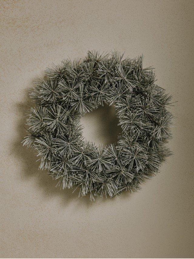 a wreath made of pine needles is hanging on a wall