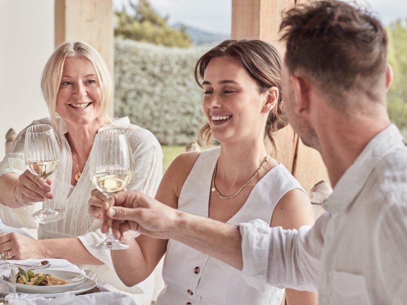 a group of people sitting at a table toasting with wine glasses