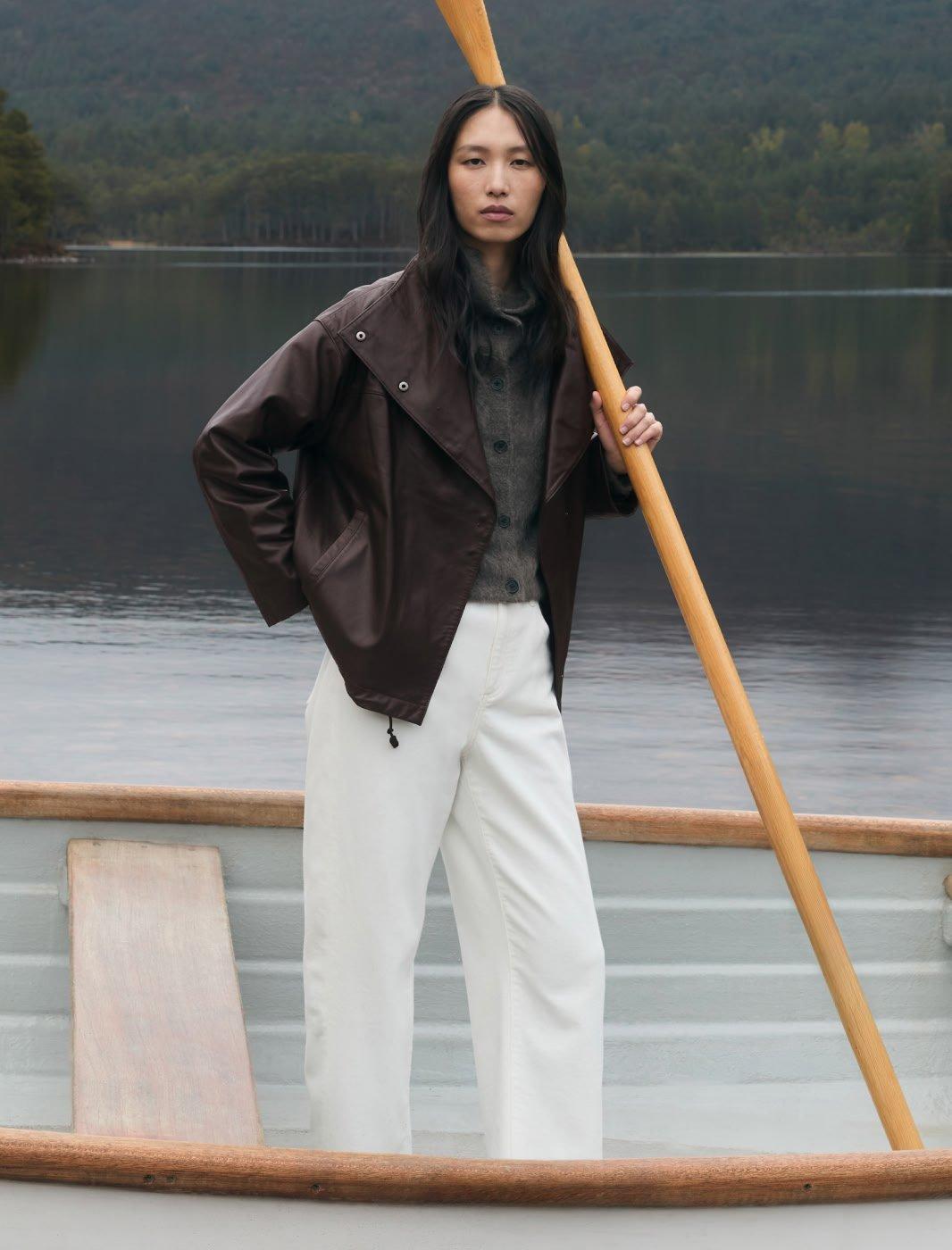 a woman wearing leather jacket