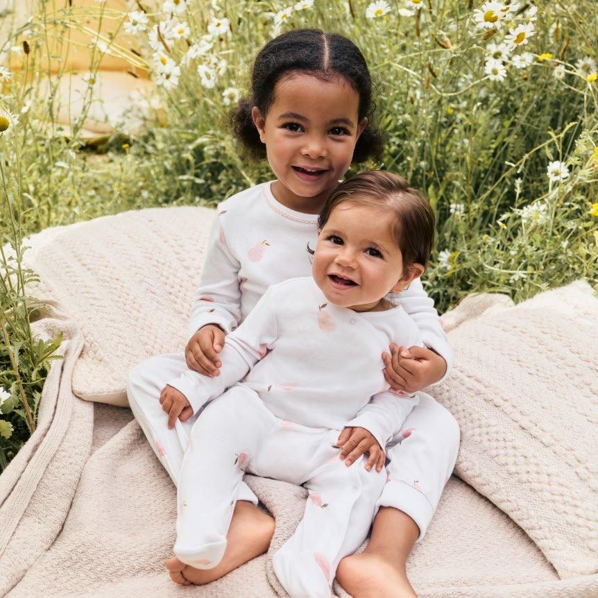 two children sitting on a blanket in a field of flowers