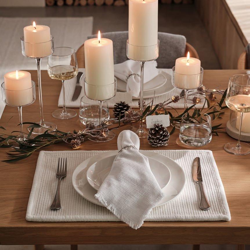 a table set with candles and place settings for a dinner