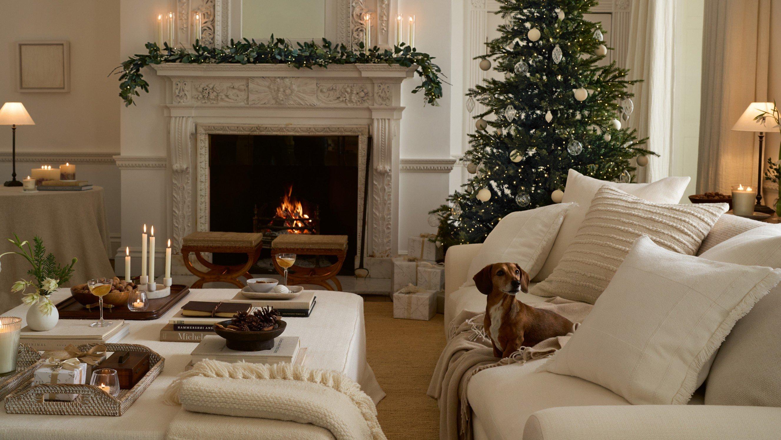 a living room with a christmas tree and a dog sitting on a couch