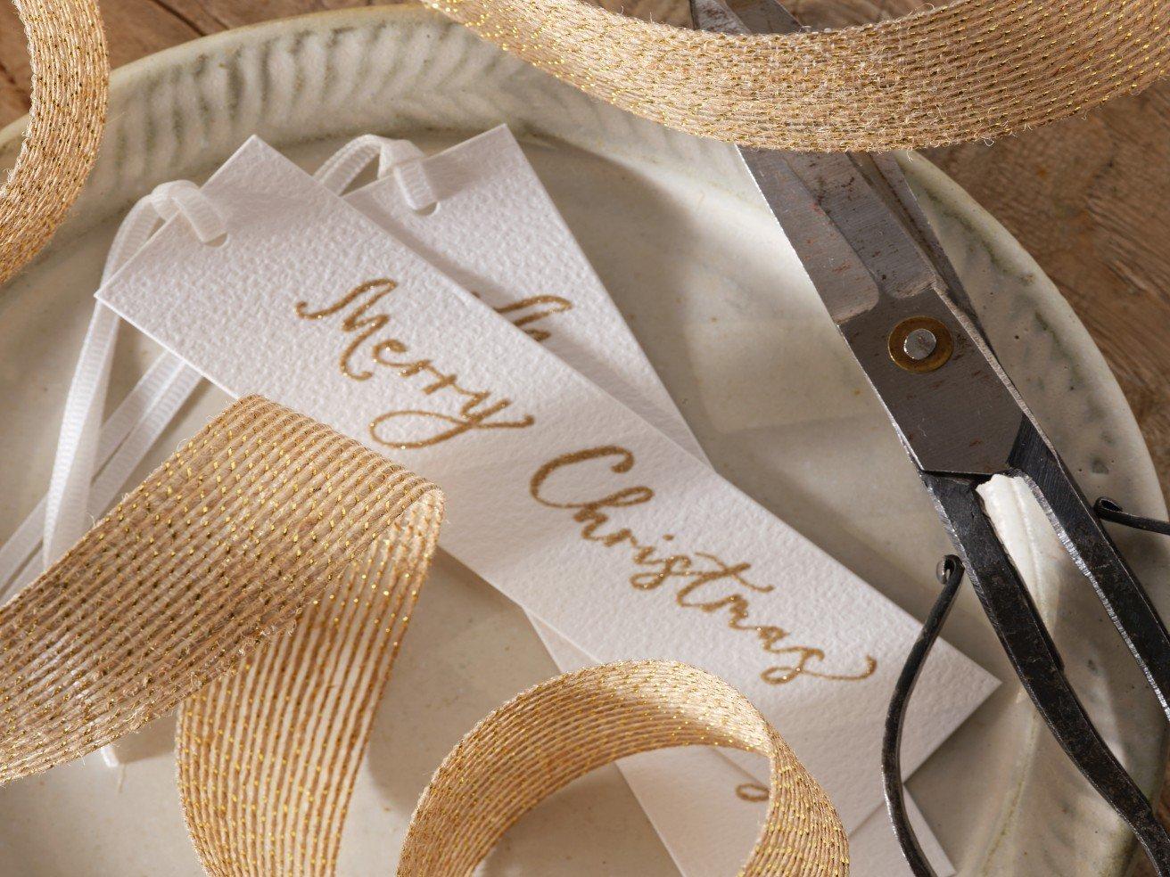 a plate with a pair of scissors and a piece of paper with a merry christmas message