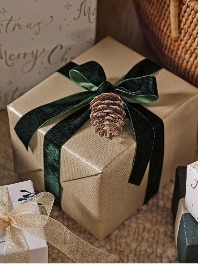 a close up of a gift wrapped in a green bow with a pine cone
