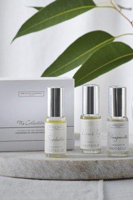 a group of three bottles of perfume sit on a table