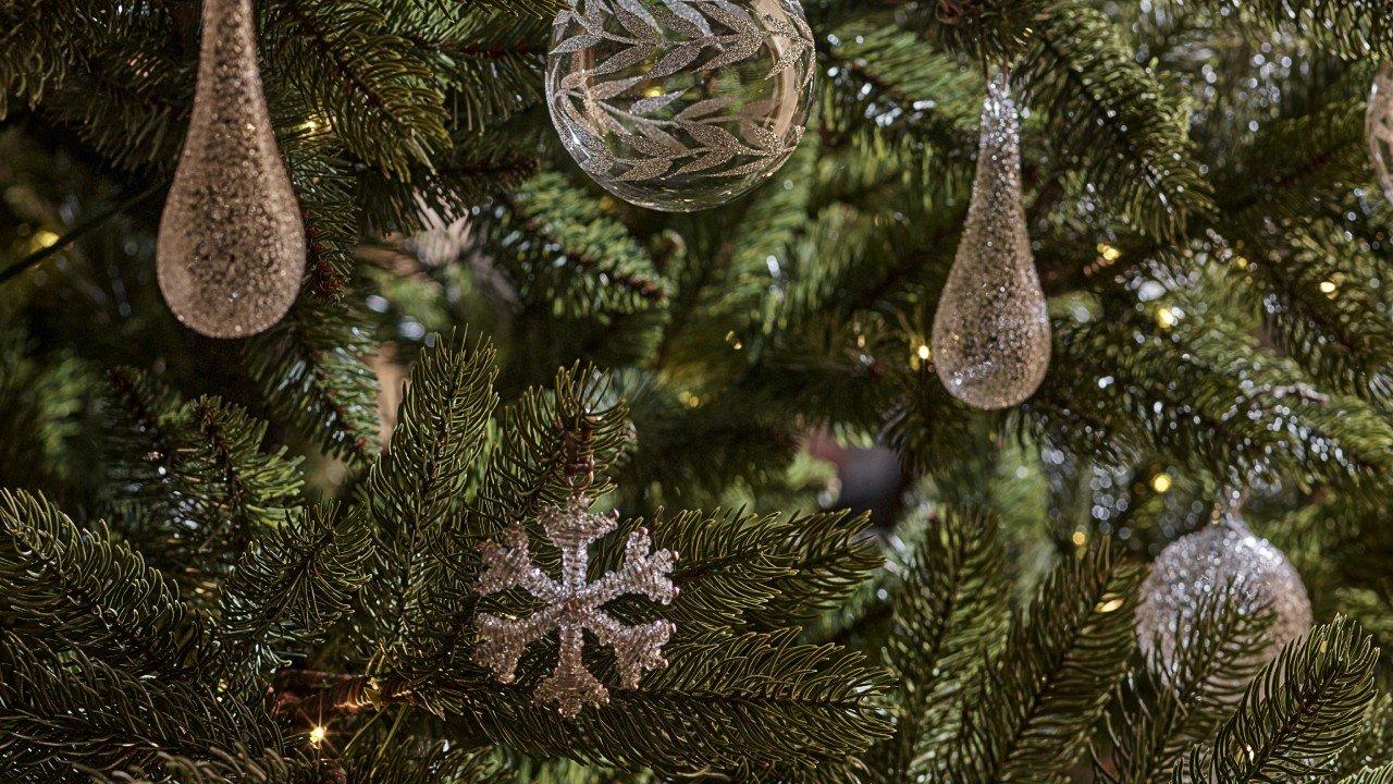 a close up of a christmas tree with ornaments on it