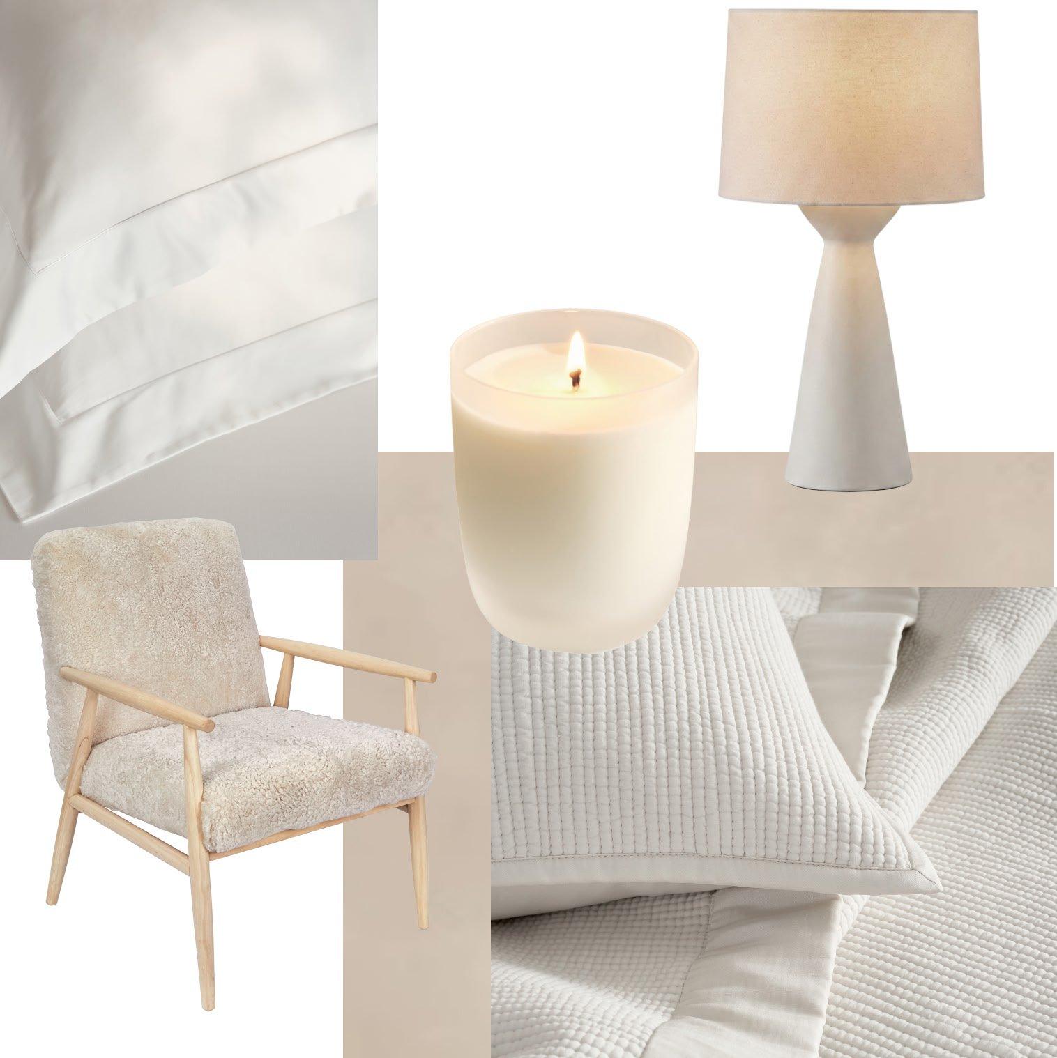 a collage of a white bed, chair, lamp, and candle