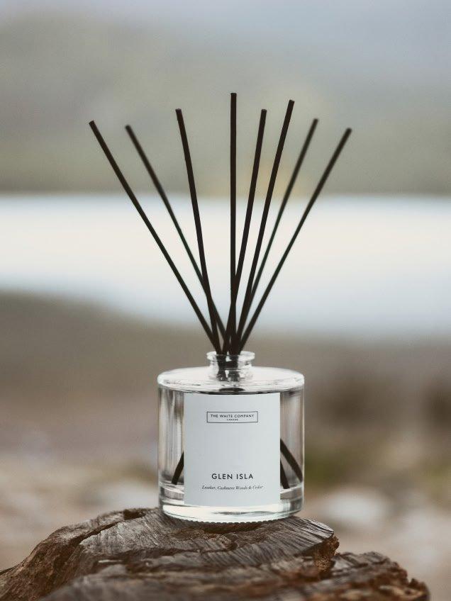 a reed diffuser with sticks on a rock