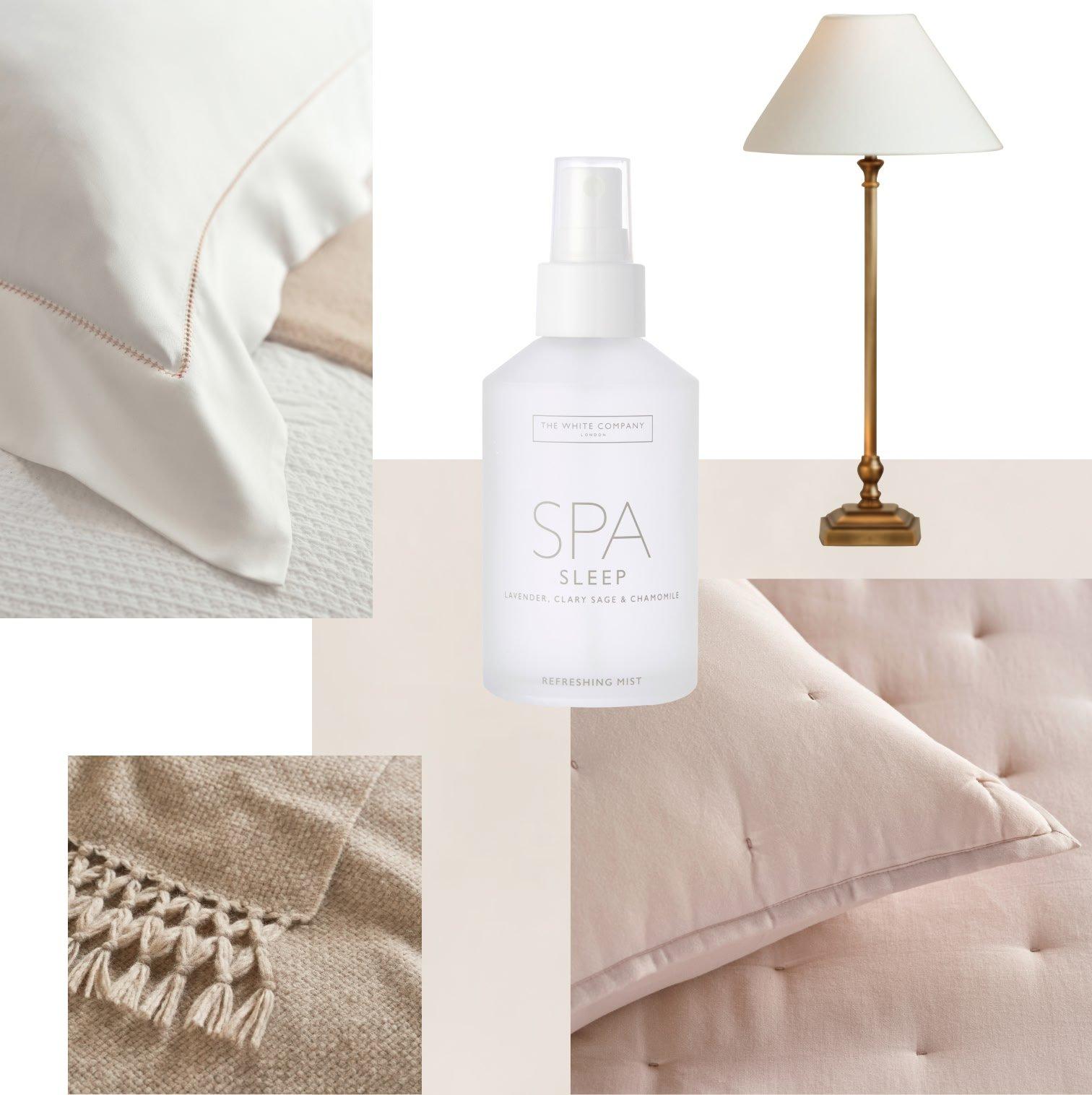 a collage of a bed, lamp, and a bottle of spray