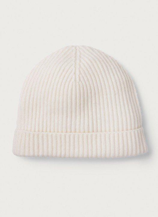 a white knit beanie is shown on a white background